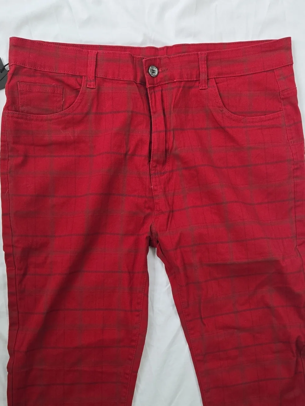 Men's Red Plaid Pants, Plaid Lines Black And Some Blue